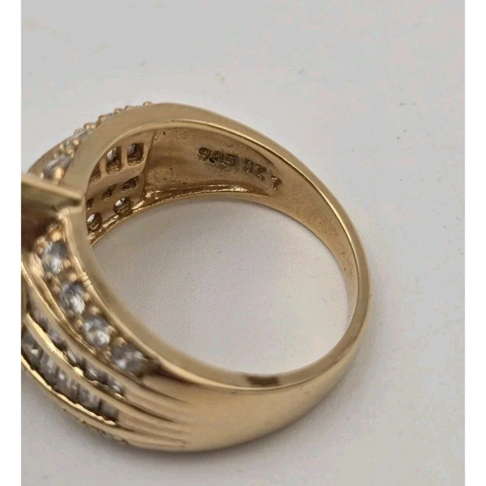 925 Gold CZ Marquis‎ & Baguette Ring Size 7 Sterling Silver Vermeil Vtg